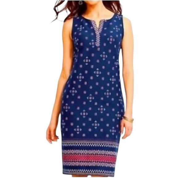 TALBOTS 1X SLEEVELESS V-NECK NAVY BLUE PATTERNED CASUAL DRESS WOMENS - Picture 1 of 9